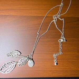 Silver Leaf Drop Necklace, Cascading Rhinestone & Blue Bead Accent - 13" to 19"